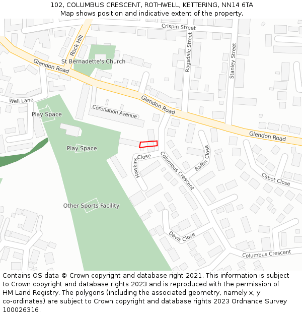 102, COLUMBUS CRESCENT, ROTHWELL, KETTERING, NN14 6TA: Location map and indicative extent of plot