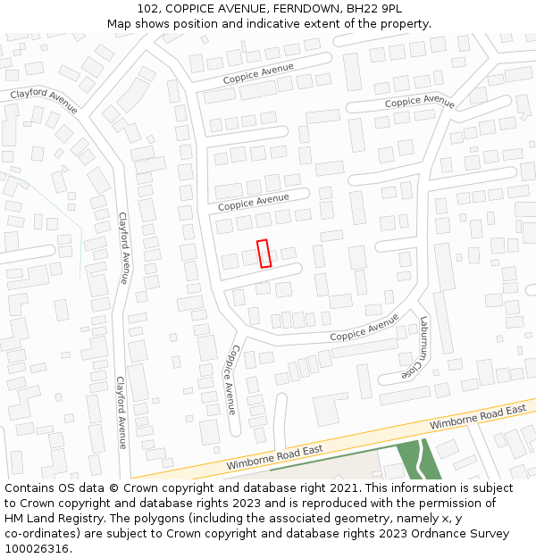 102, COPPICE AVENUE, FERNDOWN, BH22 9PL: Location map and indicative extent of plot