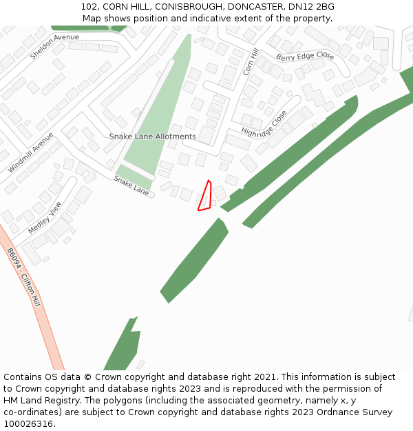 102, CORN HILL, CONISBROUGH, DONCASTER, DN12 2BG: Location map and indicative extent of plot