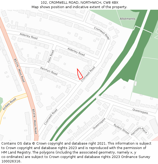 102, CROMWELL ROAD, NORTHWICH, CW8 4BX: Location map and indicative extent of plot