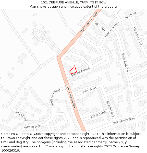 102, DEBRUSE AVENUE, YARM, TS15 9QW: Location map and indicative extent of plot