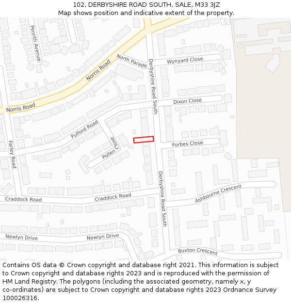 102, DERBYSHIRE ROAD SOUTH, SALE, M33 3JZ: Location map and indicative extent of plot