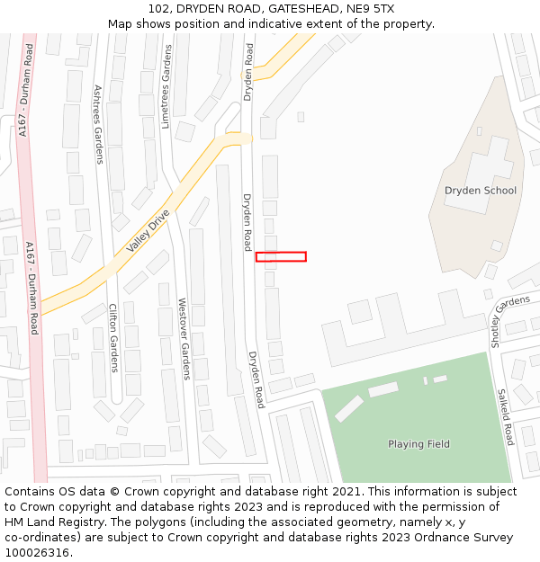 102, DRYDEN ROAD, GATESHEAD, NE9 5TX: Location map and indicative extent of plot