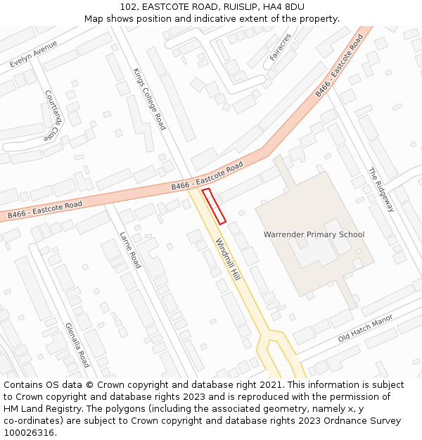 102, EASTCOTE ROAD, RUISLIP, HA4 8DU: Location map and indicative extent of plot