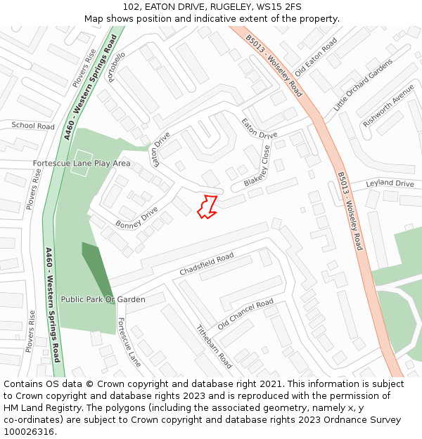 102, EATON DRIVE, RUGELEY, WS15 2FS: Location map and indicative extent of plot