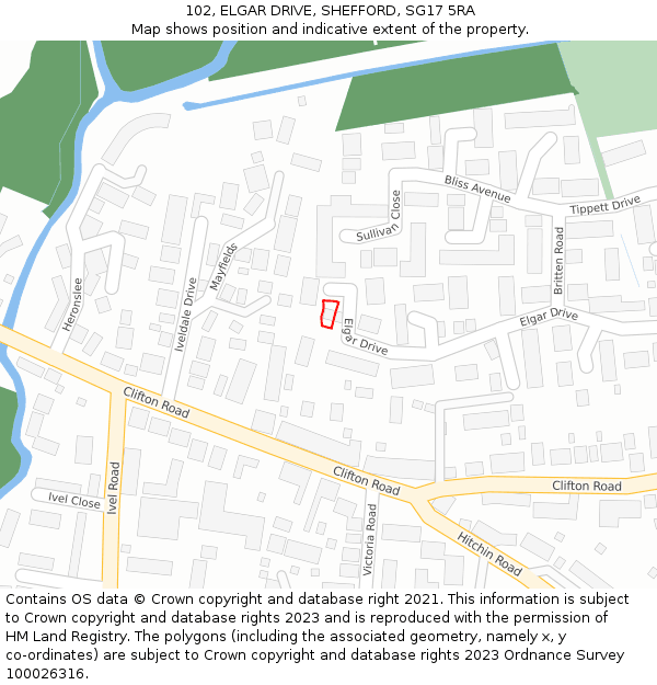 102, ELGAR DRIVE, SHEFFORD, SG17 5RA: Location map and indicative extent of plot