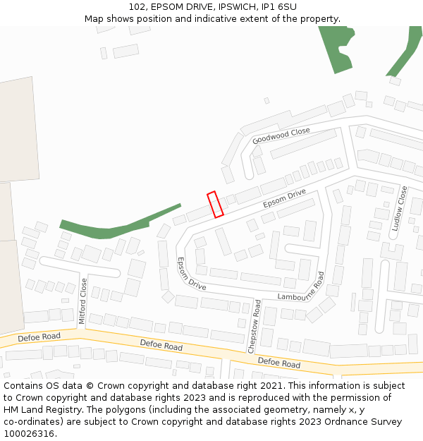102, EPSOM DRIVE, IPSWICH, IP1 6SU: Location map and indicative extent of plot