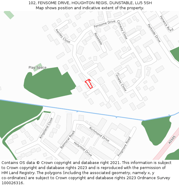 102, FENSOME DRIVE, HOUGHTON REGIS, DUNSTABLE, LU5 5SH: Location map and indicative extent of plot