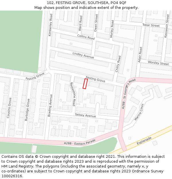 102, FESTING GROVE, SOUTHSEA, PO4 9QF: Location map and indicative extent of plot