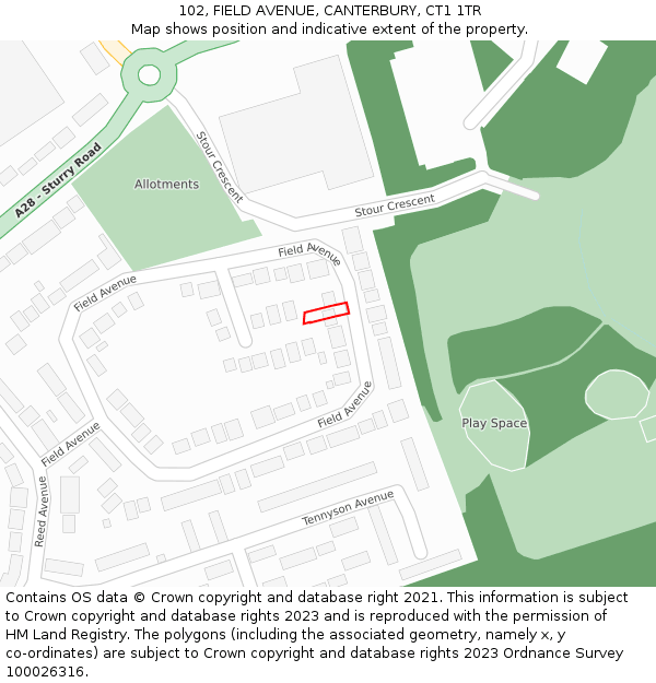 102, FIELD AVENUE, CANTERBURY, CT1 1TR: Location map and indicative extent of plot