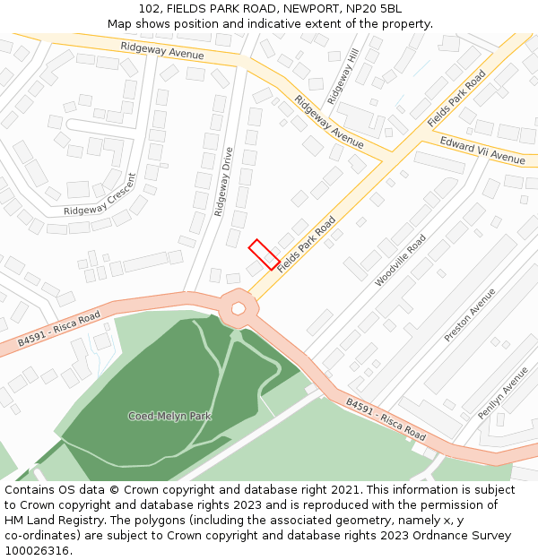 102, FIELDS PARK ROAD, NEWPORT, NP20 5BL: Location map and indicative extent of plot