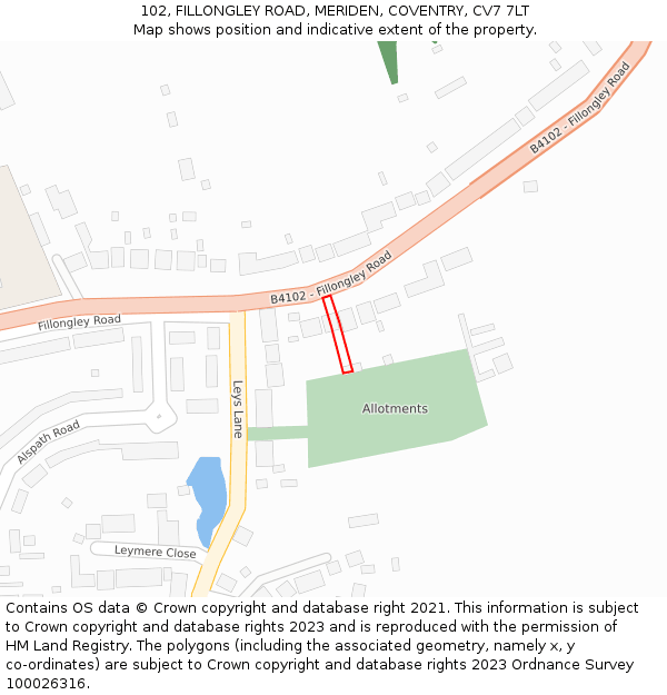 102, FILLONGLEY ROAD, MERIDEN, COVENTRY, CV7 7LT: Location map and indicative extent of plot