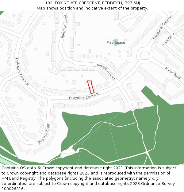 102, FOXLYDIATE CRESCENT, REDDITCH, B97 6NJ: Location map and indicative extent of plot