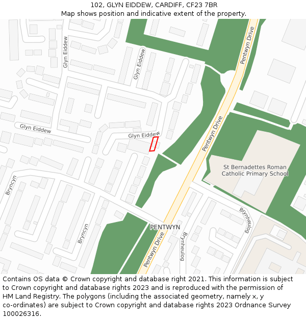 102, GLYN EIDDEW, CARDIFF, CF23 7BR: Location map and indicative extent of plot