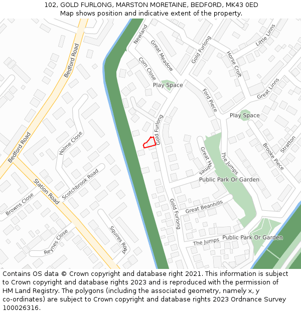 102, GOLD FURLONG, MARSTON MORETAINE, BEDFORD, MK43 0ED: Location map and indicative extent of plot