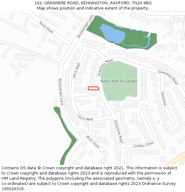 102, GRASMERE ROAD, KENNINGTON, ASHFORD, TN24 9BG: Location map and indicative extent of plot