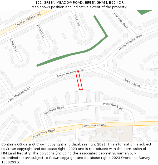 102, GREEN MEADOW ROAD, BIRMINGHAM, B29 4DR: Location map and indicative extent of plot