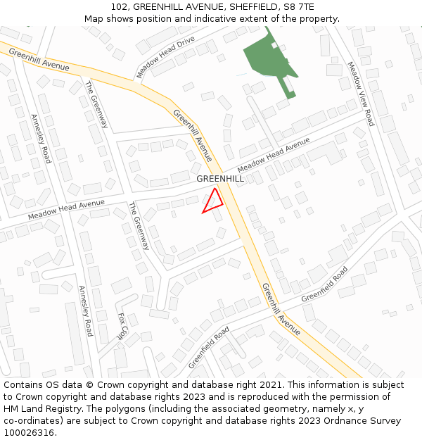 102, GREENHILL AVENUE, SHEFFIELD, S8 7TE: Location map and indicative extent of plot