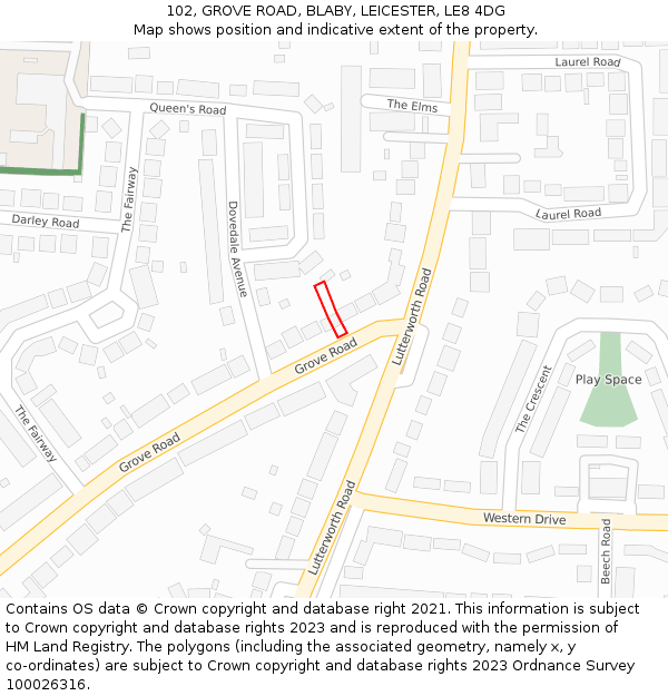 102, GROVE ROAD, BLABY, LEICESTER, LE8 4DG: Location map and indicative extent of plot