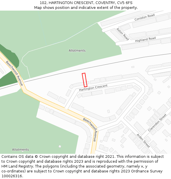 102, HARTINGTON CRESCENT, COVENTRY, CV5 6FS: Location map and indicative extent of plot