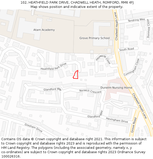 102, HEATHFIELD PARK DRIVE, CHADWELL HEATH, ROMFORD, RM6 4FJ: Location map and indicative extent of plot