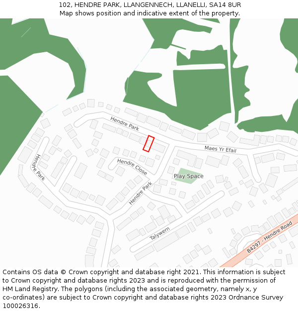 102, HENDRE PARK, LLANGENNECH, LLANELLI, SA14 8UR: Location map and indicative extent of plot