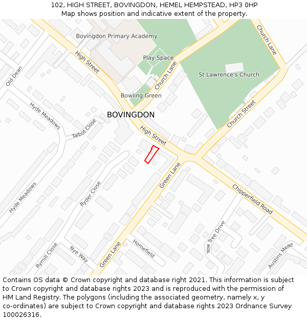 102, HIGH STREET, BOVINGDON, HEMEL HEMPSTEAD, HP3 0HP: Location map and indicative extent of plot