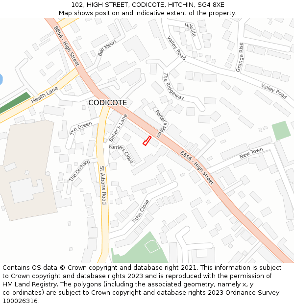 102, HIGH STREET, CODICOTE, HITCHIN, SG4 8XE: Location map and indicative extent of plot