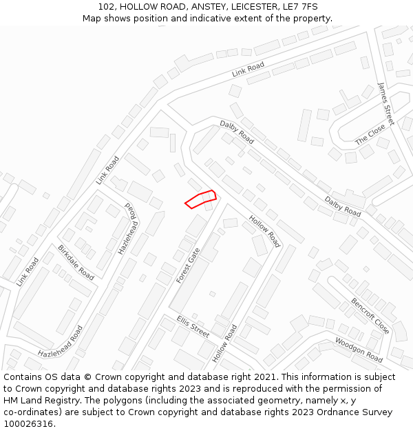 102, HOLLOW ROAD, ANSTEY, LEICESTER, LE7 7FS: Location map and indicative extent of plot