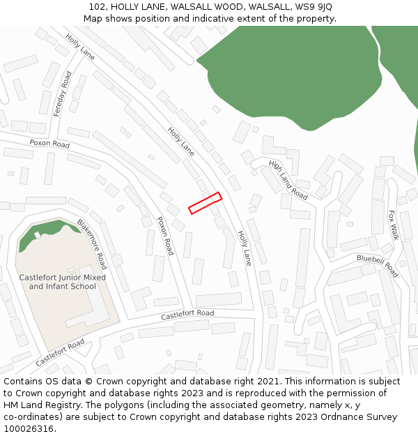 102, HOLLY LANE, WALSALL WOOD, WALSALL, WS9 9JQ: Location map and indicative extent of plot