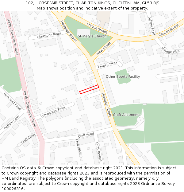 102, HORSEFAIR STREET, CHARLTON KINGS, CHELTENHAM, GL53 8JS: Location map and indicative extent of plot