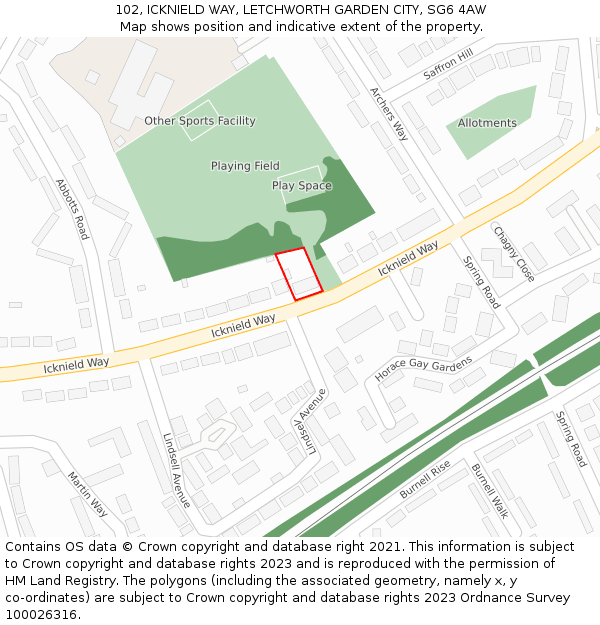 102, ICKNIELD WAY, LETCHWORTH GARDEN CITY, SG6 4AW: Location map and indicative extent of plot