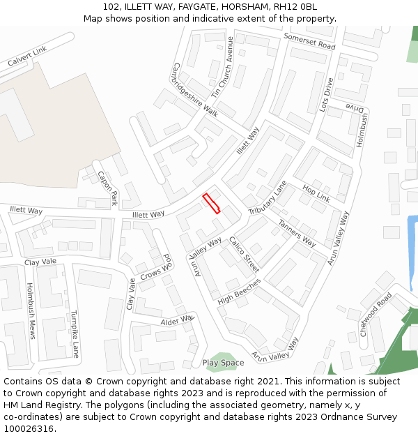 102, ILLETT WAY, FAYGATE, HORSHAM, RH12 0BL: Location map and indicative extent of plot