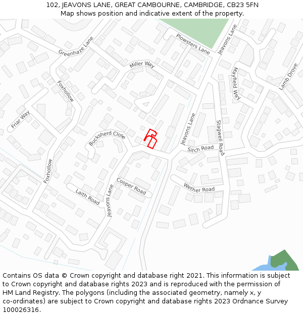 102, JEAVONS LANE, GREAT CAMBOURNE, CAMBRIDGE, CB23 5FN: Location map and indicative extent of plot