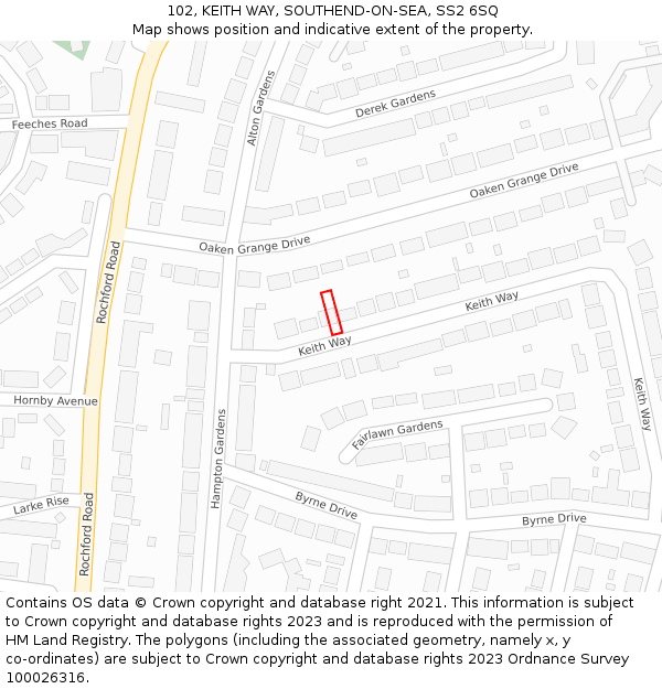 102, KEITH WAY, SOUTHEND-ON-SEA, SS2 6SQ: Location map and indicative extent of plot