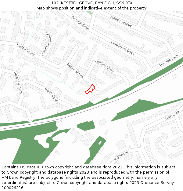 102, KESTREL GROVE, RAYLEIGH, SS6 9TX: Location map and indicative extent of plot