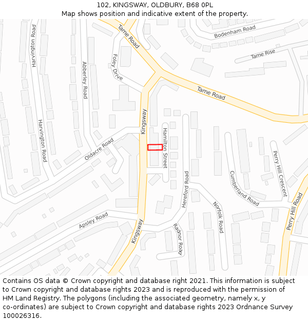 102, KINGSWAY, OLDBURY, B68 0PL: Location map and indicative extent of plot