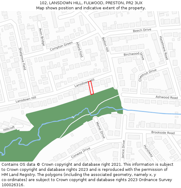 102, LANSDOWN HILL, FULWOOD, PRESTON, PR2 3UX: Location map and indicative extent of plot