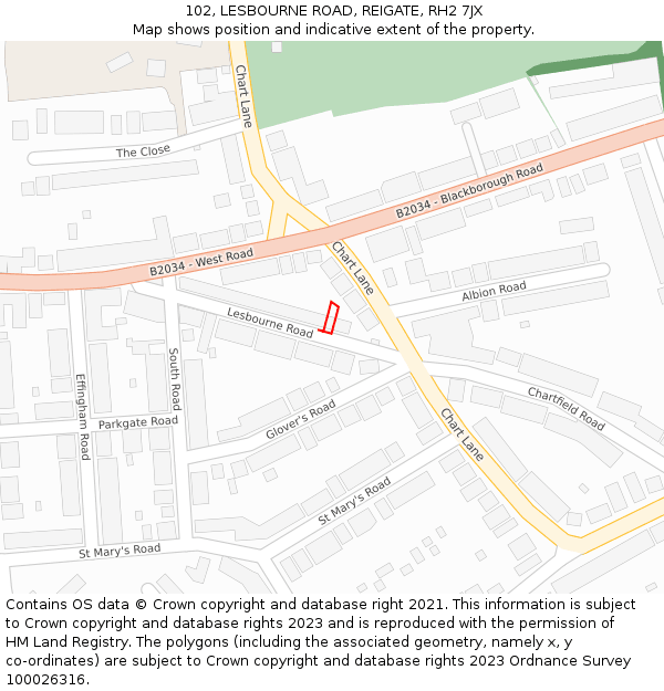 102, LESBOURNE ROAD, REIGATE, RH2 7JX: Location map and indicative extent of plot