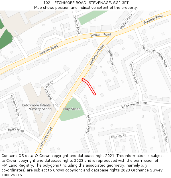 102, LETCHMORE ROAD, STEVENAGE, SG1 3PT: Location map and indicative extent of plot