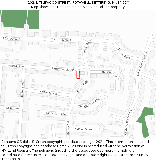 102, LITTLEWOOD STREET, ROTHWELL, KETTERING, NN14 6DY: Location map and indicative extent of plot