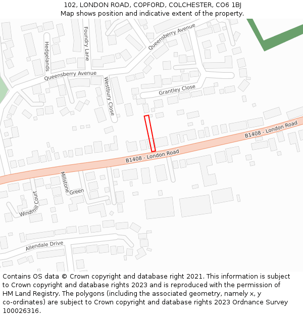 102, LONDON ROAD, COPFORD, COLCHESTER, CO6 1BJ: Location map and indicative extent of plot