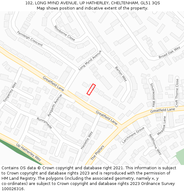 102, LONG MYND AVENUE, UP HATHERLEY, CHELTENHAM, GL51 3QS: Location map and indicative extent of plot