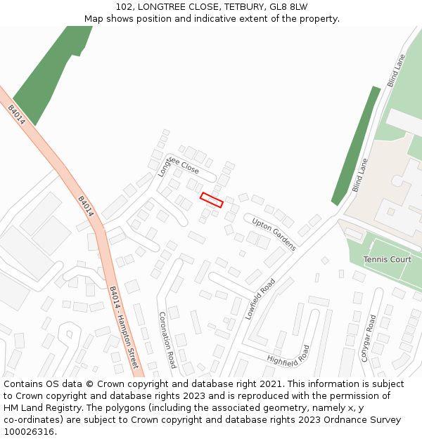 102, LONGTREE CLOSE, TETBURY, GL8 8LW: Location map and indicative extent of plot