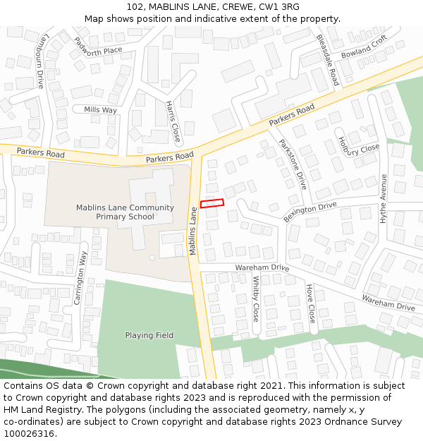 102, MABLINS LANE, CREWE, CW1 3RG: Location map and indicative extent of plot