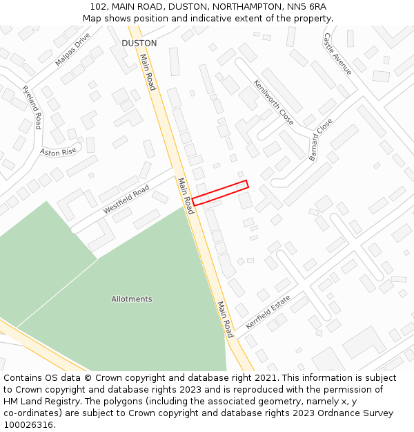 102, MAIN ROAD, DUSTON, NORTHAMPTON, NN5 6RA: Location map and indicative extent of plot