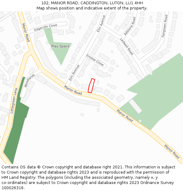 102, MANOR ROAD, CADDINGTON, LUTON, LU1 4HH: Location map and indicative extent of plot