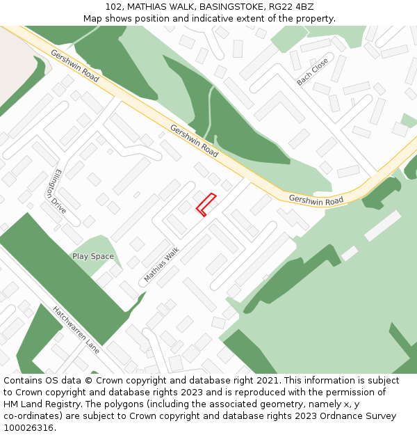 102, MATHIAS WALK, BASINGSTOKE, RG22 4BZ: Location map and indicative extent of plot