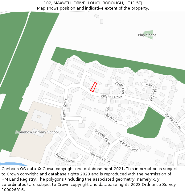 102, MAXWELL DRIVE, LOUGHBOROUGH, LE11 5EJ: Location map and indicative extent of plot