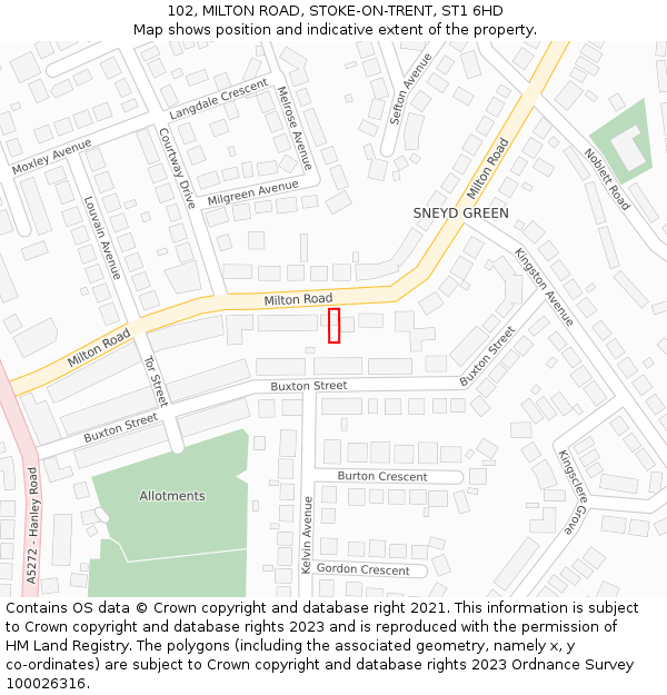 102, MILTON ROAD, STOKE-ON-TRENT, ST1 6HD: Location map and indicative extent of plot